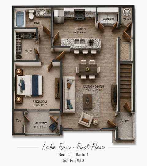 Floor plan for 1 bed, 1 bath, 950 sqft